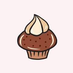 Chocolate muffin with cream. Vector color sketch in cartoon style. Illustration of cupcake in doodle style.