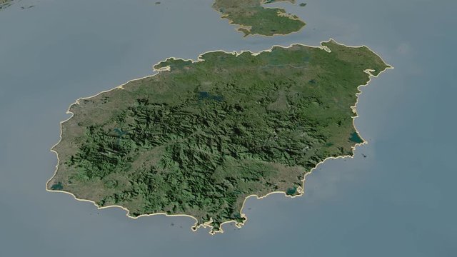 Hainan, province with its capital, zoomed and extruded on the satellite map of China in the conformal Stereographic projection. Animation 3D