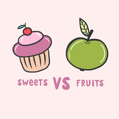 Apple and cake. Sweets versus fruits. Vector color illustration in cartoon style. Freehand drawing.