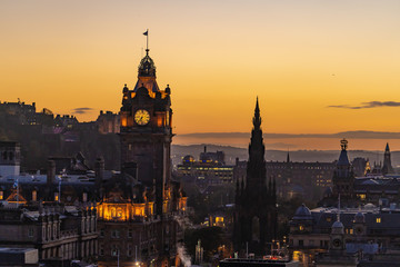 Clock Towner Old town Edinburgh and Edinburgh castle view from The National Monument and Nelson Monument on Calton Hill on a night light twilight be for sunrise landscape of edinburgh, Scotland , UK
