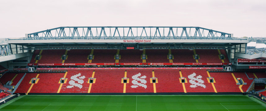 LIVERPOOL, UNITED KINGDOM - October 16, 2018: Seat rows in Anfield stadium in Liverpool UK. the most popular football Stadium in England and has been the home of Liverpool F.C. since 1892