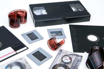 A group of old retro audio visual equipment used to capture or record  pictures, video, audio or...