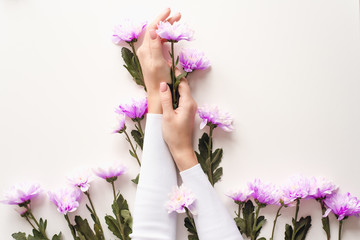 Hands of a girl with a nude manicure in flowers on a white background with purple chrysanthemums. The concept of caring for the skin of hands. Natural cosmetics from flower extract, beauty and fashion