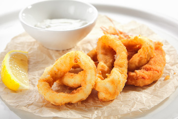 Breaded Fried Squid Rings and Shrimp with Tartar Sauce