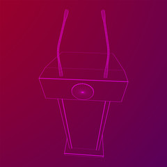 Fototapeta na wymiar Speaker Podium. White Tribune Rostrum Stand with Microphones. Debate, press conference concept. Wireframe low poly mesh vector illustration