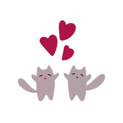 Two cute cats in love with red hearts. Valentines day greeting card. Vector illustration EPS 10.