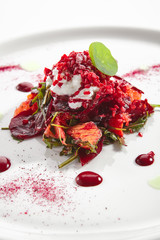 Baked Beet Salad with Citrus Fruits and Stracciatella Isolated