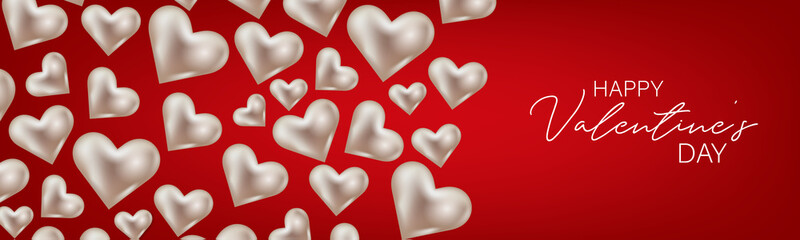 Fototapeta premium Valentines Day banner or website header background with 3d hearts. Love design concept. Romantic invitation or sale offer promo. Vector illustration.