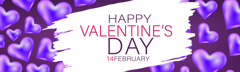Valentines Day banner or website header background with purple 3d hearts. Love design concept. Romantic invitation or sale offer promo. Vector illustration.