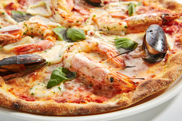 Italian Seafood Pizza with Squid, Mussels and Shrimps