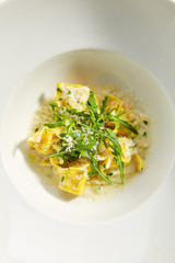 Tortellini with Cep Mushrooms and Pesto Sauce Isolated