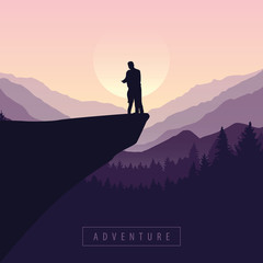 couple on a cliff adventure in nature with purple mountain view vector illustration EPS10