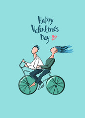 Valentines Day greeting card. Loving couple taking a ride on a bicycle illustration and hand-lettered greetings. Moving through life together concept. Isolated on blue background