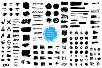 Vector illustration. Big collection of black grunge paint stains isolated on white background. Set of dirty hand drawn textures and ink strokes. Round paint splashes, random spots, abstract symbols.