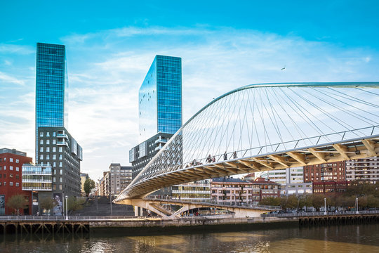 Zubizuri bridge over the Nervion estuary in the Basque city of Bilbao in northern Spain