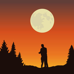 couple looks to the full moon in forest landscape at night vector illustration EPS10