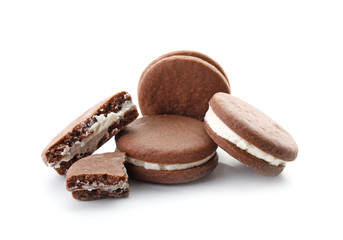 Tasty chocolate cookies on white background