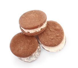 Tasty chocolate cookies on white background