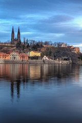 View on the Vysehrad fort in the dramatic evening, Prague,