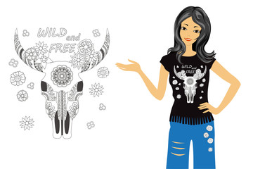 fashion girl wild and free with cow skull