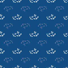 Hand drawn white vector sets of anchors with alternating transparent rows. Seamless geometric pattern on navy blue background. Great for watersport, nautical, vacation products, packaging , stationery