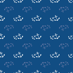 Hand drawn white vector sets of anchors with alternating transparent rows. Seamless geometric pattern on navy blue background. Great for watersport, nautical, vacation products, packaging , stationery