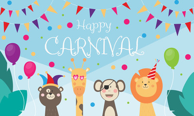 Happy Carnival - Banner mit wilden Tieren, die feiern und verkleidet sind, Dschungel