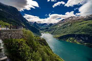 Obraz na płótnie Canvas Geiranger fjord, Norway - June,2019: Beautiful Nature Norway 15-kilometre long branch off of the Sunnylvsfjorden, which is a branch off of the Storfjorden