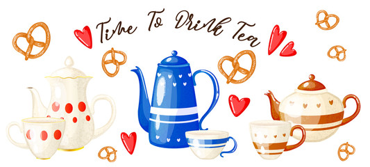 Cute set teapots and cups with pretzels and little hearts on a white background. Сartoon style. Vector illustration.