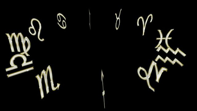 Symbols of zodiac signs swirling around.