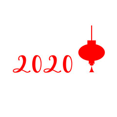 2020 CHINESE NEW YEAR-red inscription with chinese lantern on a white background. Minimalist style. Perfect for poster, postcard, card, invitation, banner, flyer. Vector illustration  