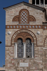 View of Neo-Byzantine Cathedral of Holy Trinity ("Agia Triada", from 1839). Church of the Holy Trinity is located in center of Piraeus, overlooking port. Piraeus, Attica, Greece, EU.