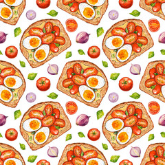 Watercolor seamless pattern with sandwich. Hand drawn fast food. Design for cafe and restaurant. Illustration for menu. Print for textile. Template, background, ornament, wallpaper