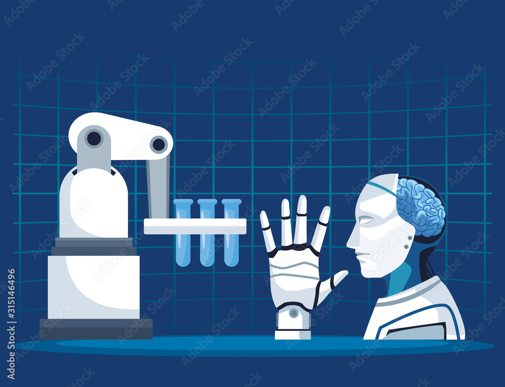 Poster artificial intelligence technology robotic arm cyborg with brain and hand mechanical
