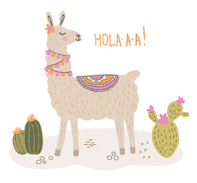 Cute lama personage and cactus. Funny cartoon animal llama. Hola slogan. Perfect for nursery prints, gift cards, baby wear and posters.
