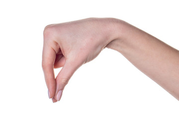 Woman hand holding something isolated on a white background