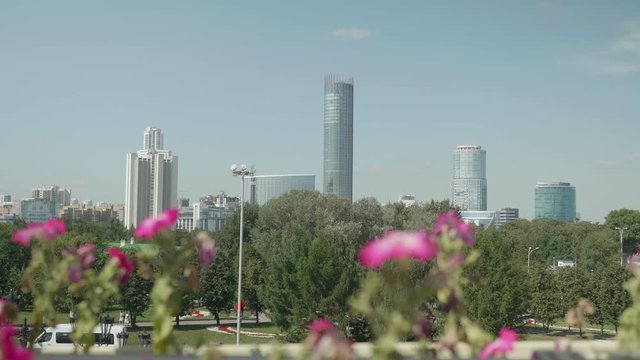 Glass skyscrapers of new city centre in Ekaterinburg. Blue sky on background.