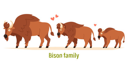 Obraz premium Bison family Mom, dad and calf. Flat vector illustration isolated on white background. Children's illustrations