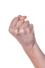 Female hand with fingers folded into fist isolated on white background.