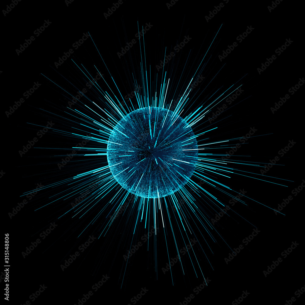 Poster 3d render of dark sphere with colorful particles are being emitted from. fast technology concept. sp