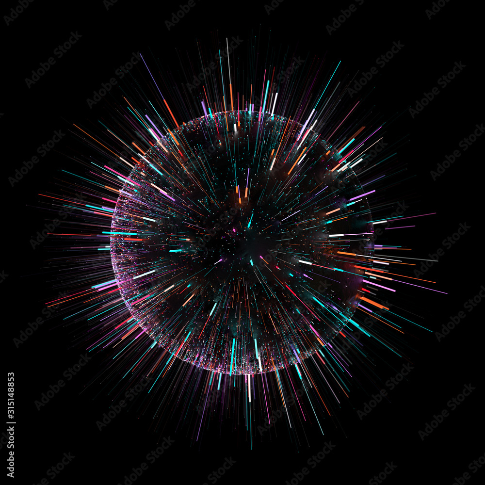 Poster 3d render of dark sphere with colorful particles are being emitted from. fast technology concept. sp