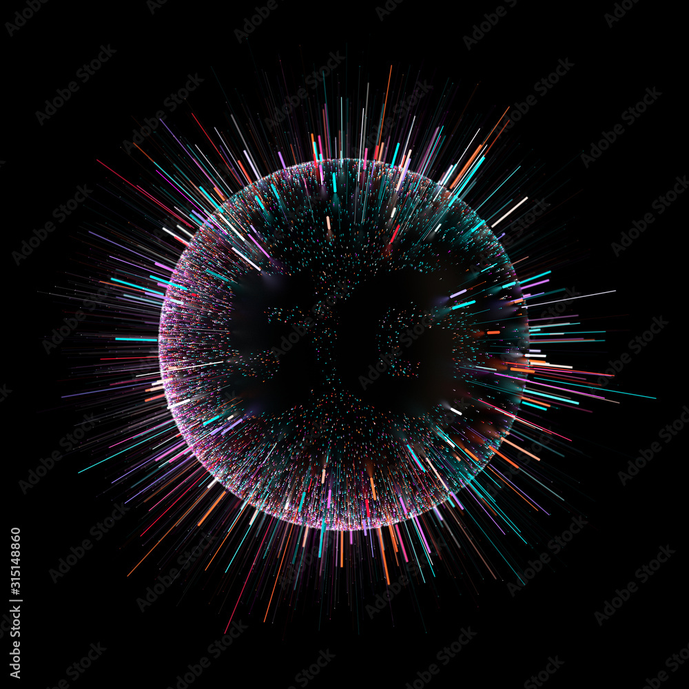 Poster 3d render of dark sphere with colorful particles are being emitted from. fast technology concept. sp