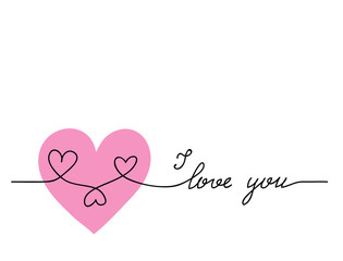 I love you  one continuous line lettering vector. Romantic simple illustration with heart. Valentine's  day background, banner.