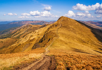 Colorful mountain landscape in the summer mountains. Large hills with blue sky.