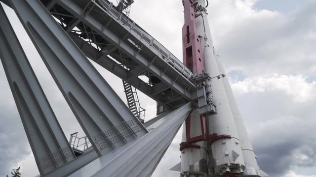 View from the bottom on the large white space rocket at the Moscow exhibition of national achievements. Action. Concept of space exploration