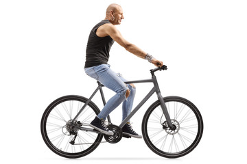 Bald man riding a bicycle