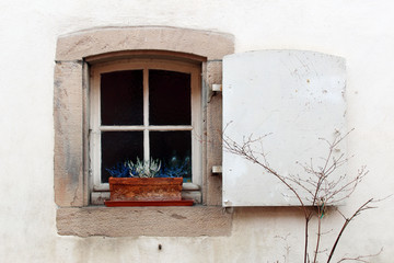 Small square window with only one white wooden shutter with a flower pot on the sill