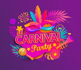 Deurstickers Carnival party invitation card. Traditional mask with feathers,maracas,fireworks,tropical leaves for carnaval,mardi gras, fesival,masquerade,parade.Template for design invitation,flyer poster,banners. © tandav