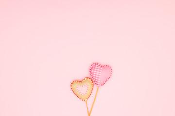 Pink pastel trendy decoration with cute hearts on pink background 