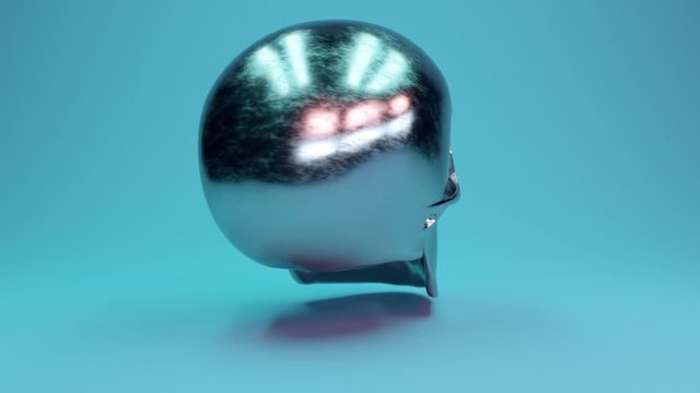 A scratched metal human skull rotates 360 degrees against a glamorous blue background. Seamless loop 3d render